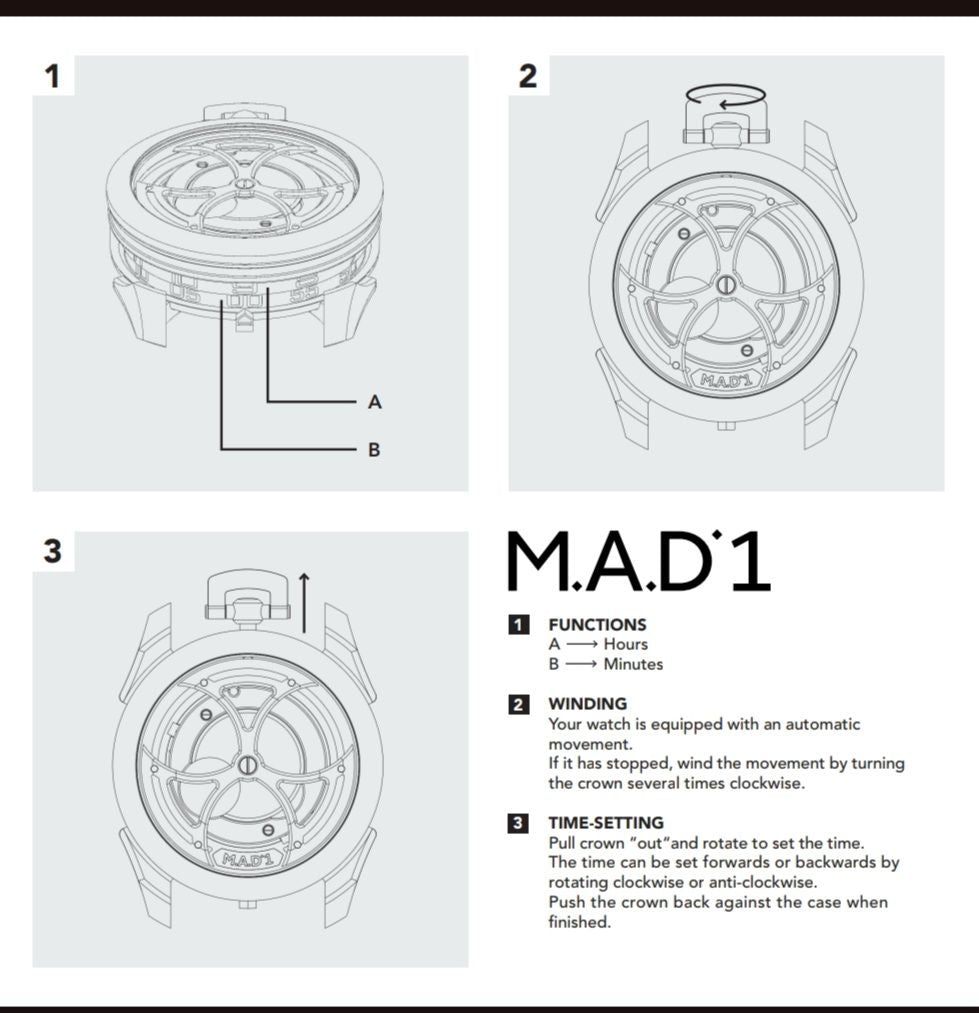 Mode d'emploi MB&F MAD 1 : lecture des heures et des minutes, remontage et mise à l'heure