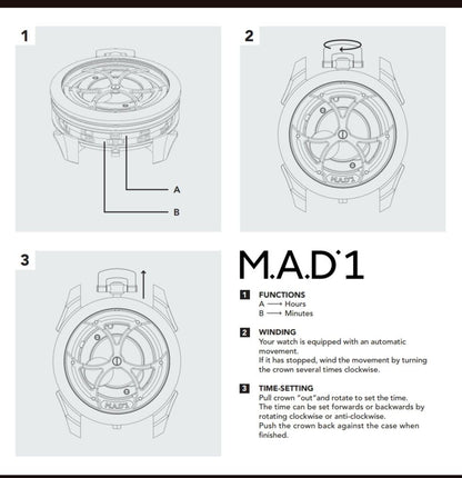 Mode d'emploi MB&F MAD 1 : lecture des heures et des minutes, remontage et mise à l'heure